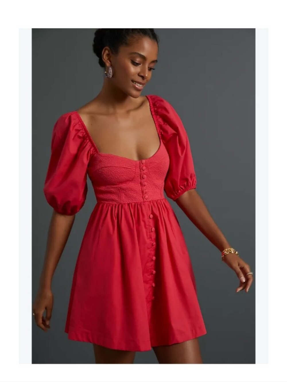 Anthropologie Maeve Red Puff-Sleeve Sweetheart Mini Dress Size XL